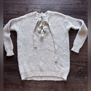 AERIE XS Light Gray Fuzzy Sweater with lace up v neck